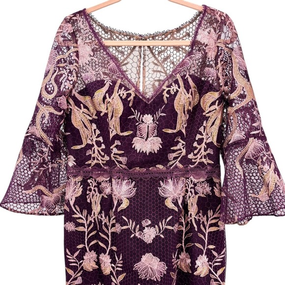 Marchesa Notte Flutter Sleeve V-Neck Embroidered Guipure Lace Midi Dress Size 10 - Picture 5 of 13